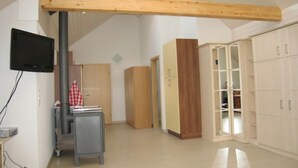 Et værelse med højt til loftet, træbjælker, et fjernsyn ophængt på væggen, et tekøkken med komfur og en garderobe med glasdøre.