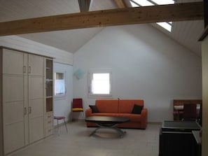 A loft-style room with a sloped ceiling, a sofa, a chair, a small table, and built-in shelving.