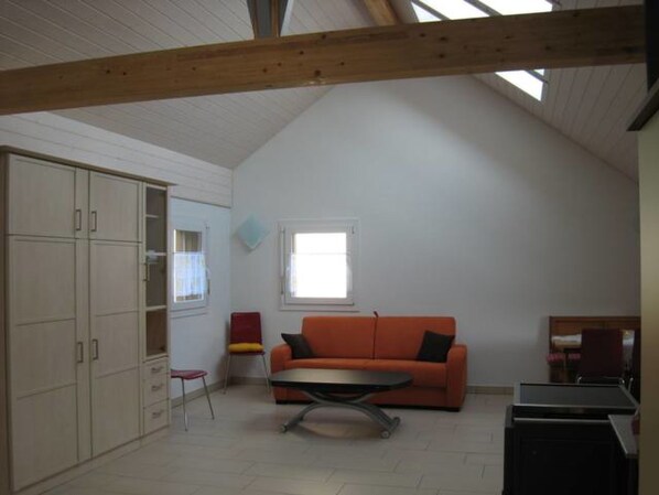 A loft-style room with a sloped ceiling, a sofa, a chair, a small table, and built-in cabinets.