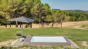 A rectangular outdoor pool with a dark-colored deck, surrounded by a grassy area with trees and a clear sky.