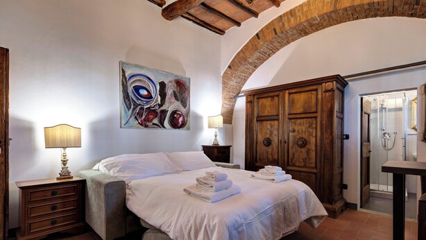 Camera d'albergo con un letto, un armadio in legno, un quadro e uno spazio doccia.