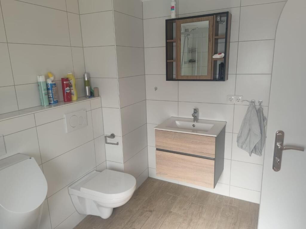 A bathroom with a toilet, sink, and mirror. There are toiletries on the wall.