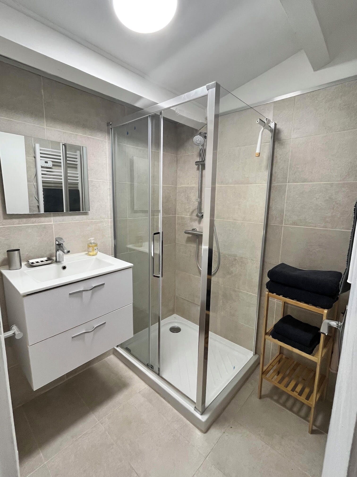 Hair dryer, towels, soap, toilet paper