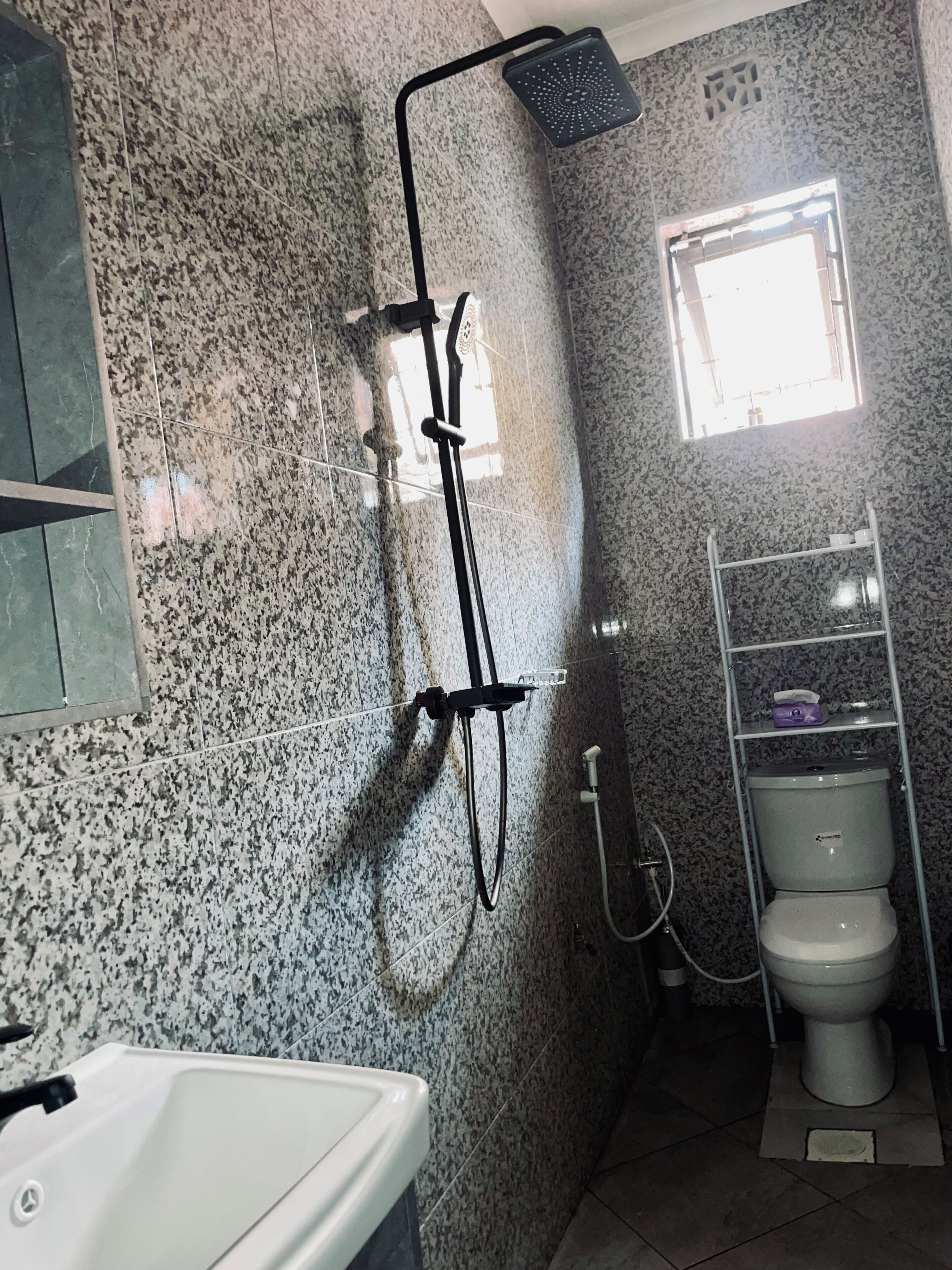 Shower, towels, soap, toilet paper