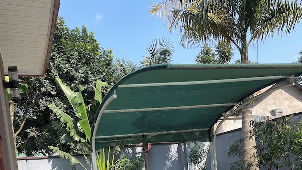 A courtyard with a tiled floor, a green canopy, and surrounding greenery.