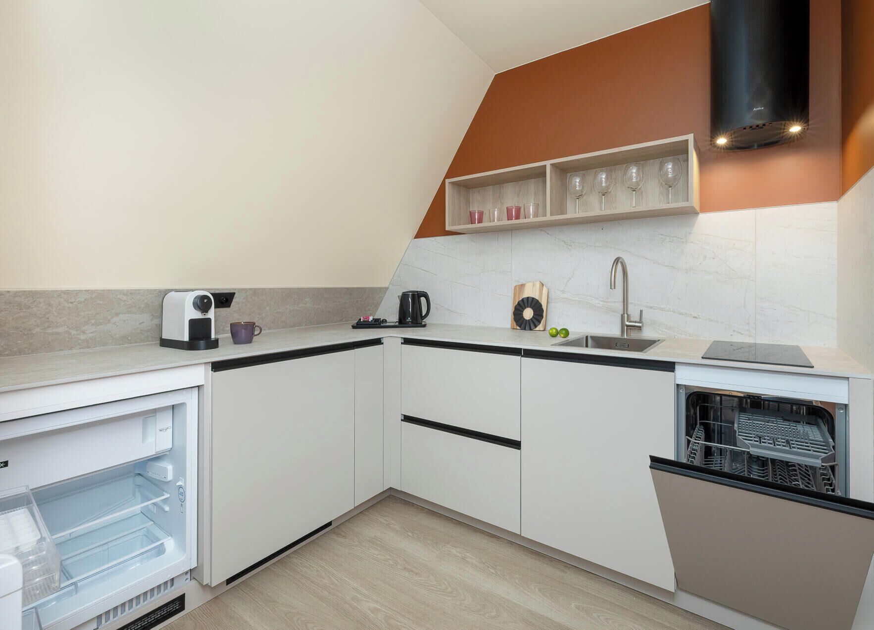 Deluxe Studio | Private kitchen | Espresso maker, full-size fridge, stovetop, dishwasher