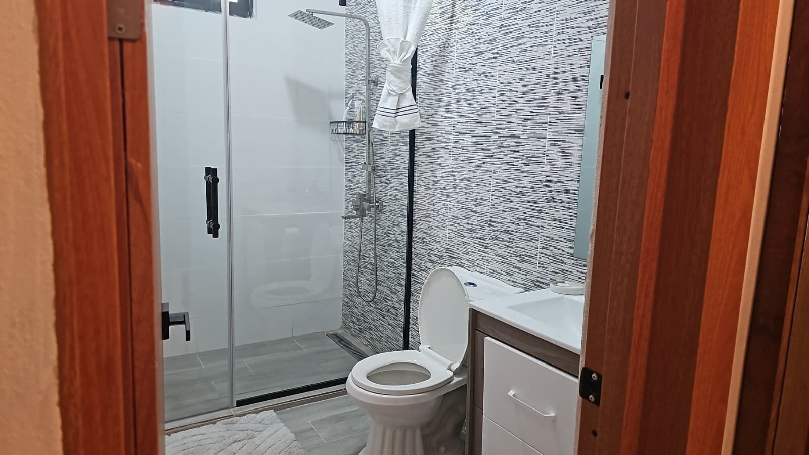 Hair dryer, towels, soap, shampoo