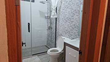 Hair dryer, towels, soap, shampoo