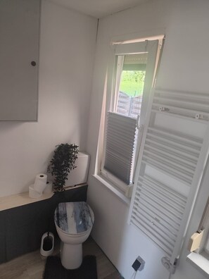 A compact bathroom with a toilet, a small window with blinds, a radiator, and a plant. - Idyllic Bungalow Surrounded by Greenery (Arendsee (Altmark))