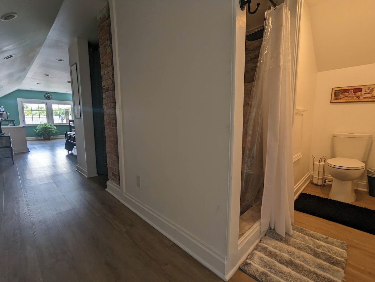 A hallway with a white door leading to a bathroom with a toilet and shower curtain.