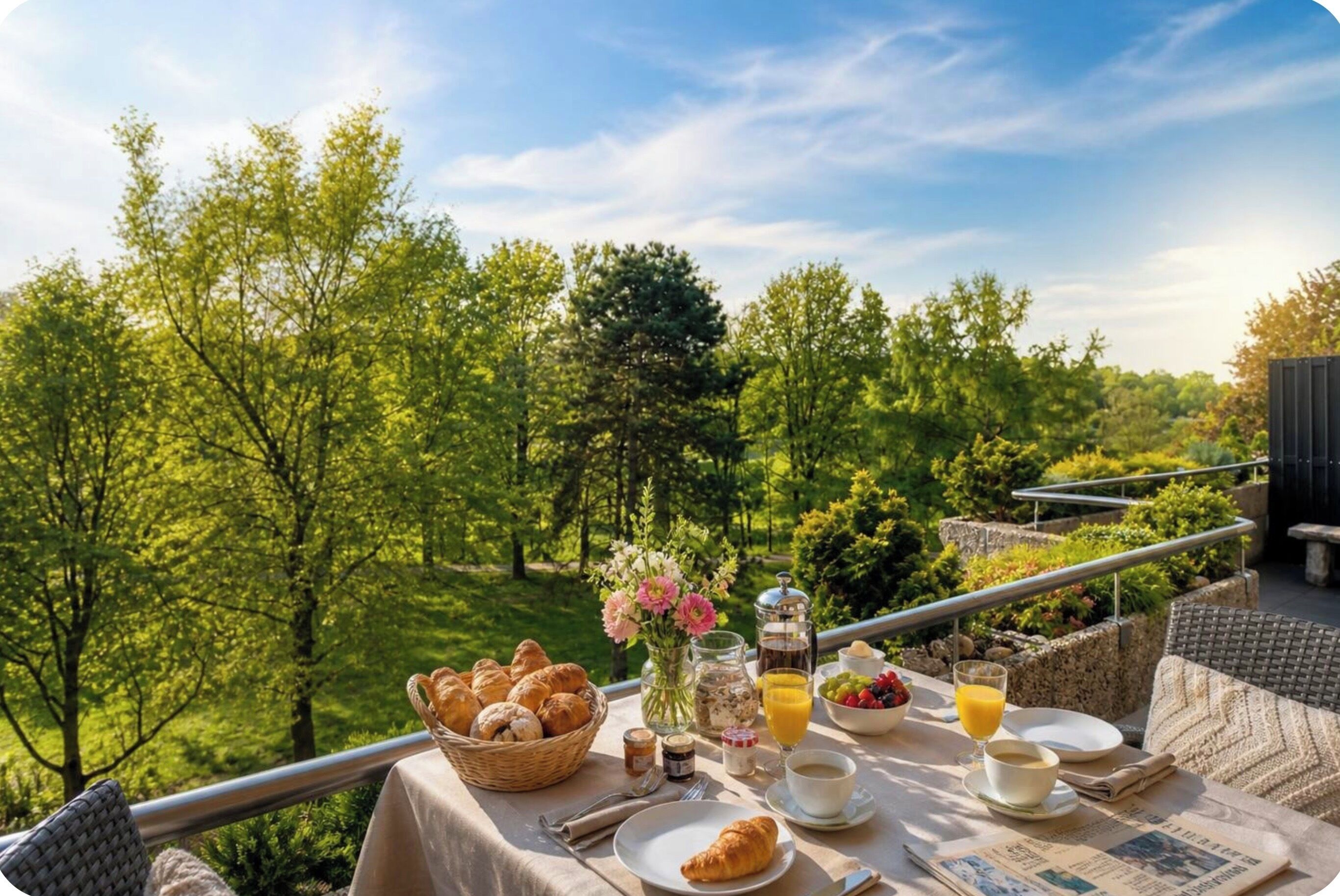 Frühstück auf einem Balkon mit Blick auf einen Wald, mit Croissants, Obst und Getränken.