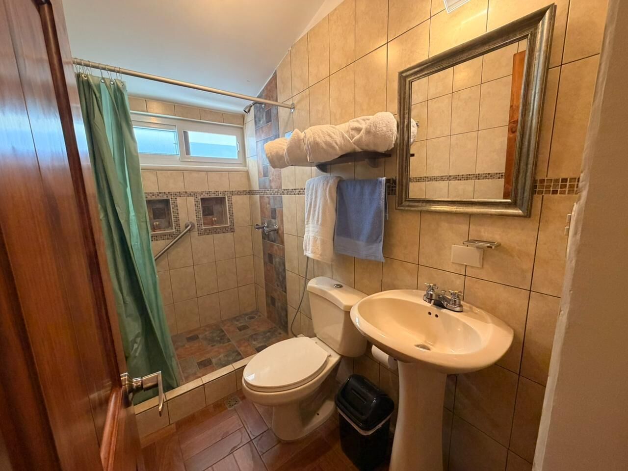 Un baño con inodoro, lavamanos, ducha y un perchero para toallas.