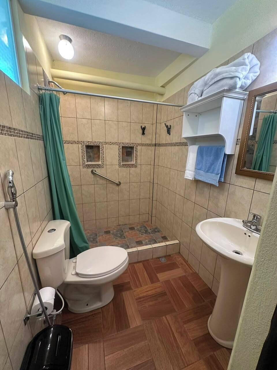 Un bany amb dutxa, vàter, rentamig i mirall.