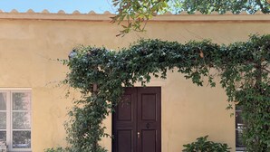 Entrada de um edifício com porta escura, plantas em vasos e chão com azulejos.