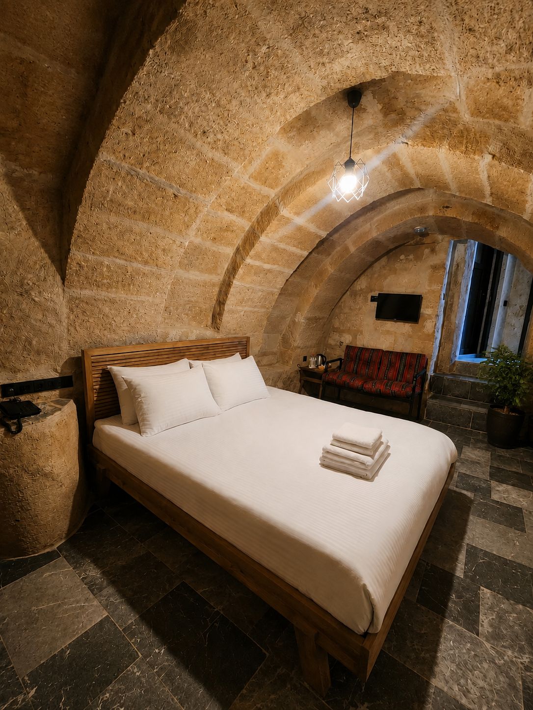 Un dormitorio con techo abovedado de piedra, una cama de madera, una mesita con una silla y una planta en maceta.