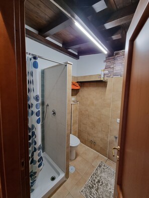 A bathroom with a shower, toilet, and a towel rack.