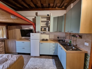 A compact kitchen with a refrigerator, microwave, and sink.