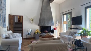Un soggiorno con camino, due divani, un tavolino e una televisione.