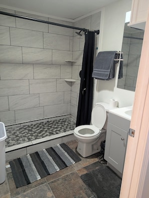 Regadera, toallas, papel de baño 