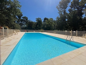 Ein rechteckiger Swimmingpool mit Fliesen umrandet, umgeben von einem Metallzaun und Bäumen im Hintergrund.