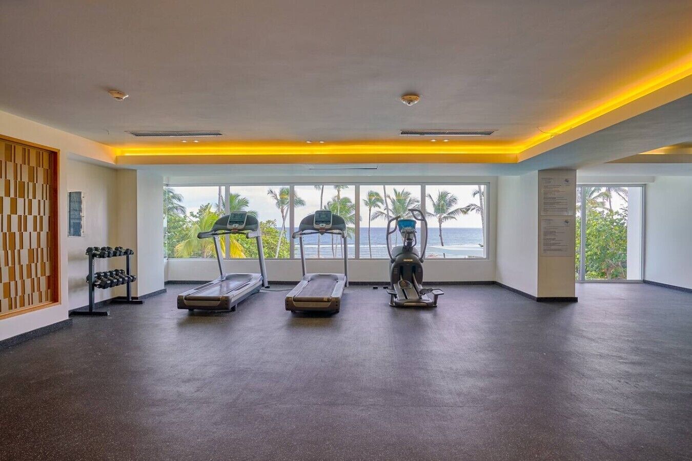 Ein Fitnessraum mit Laufbändern, einem Ergometer und einem Hantelgestell.