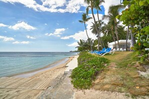 A beach with a wooden walkway leading to the water, palm trees, and lounge chairs. - FrontBeach Apt Pool AC Juan Dolio Beach Aquarella (Playa Juan Dolio)