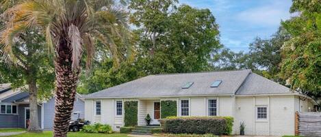 A single-story house with a front porch, a covered driveway, and a palm tree in the foreground.