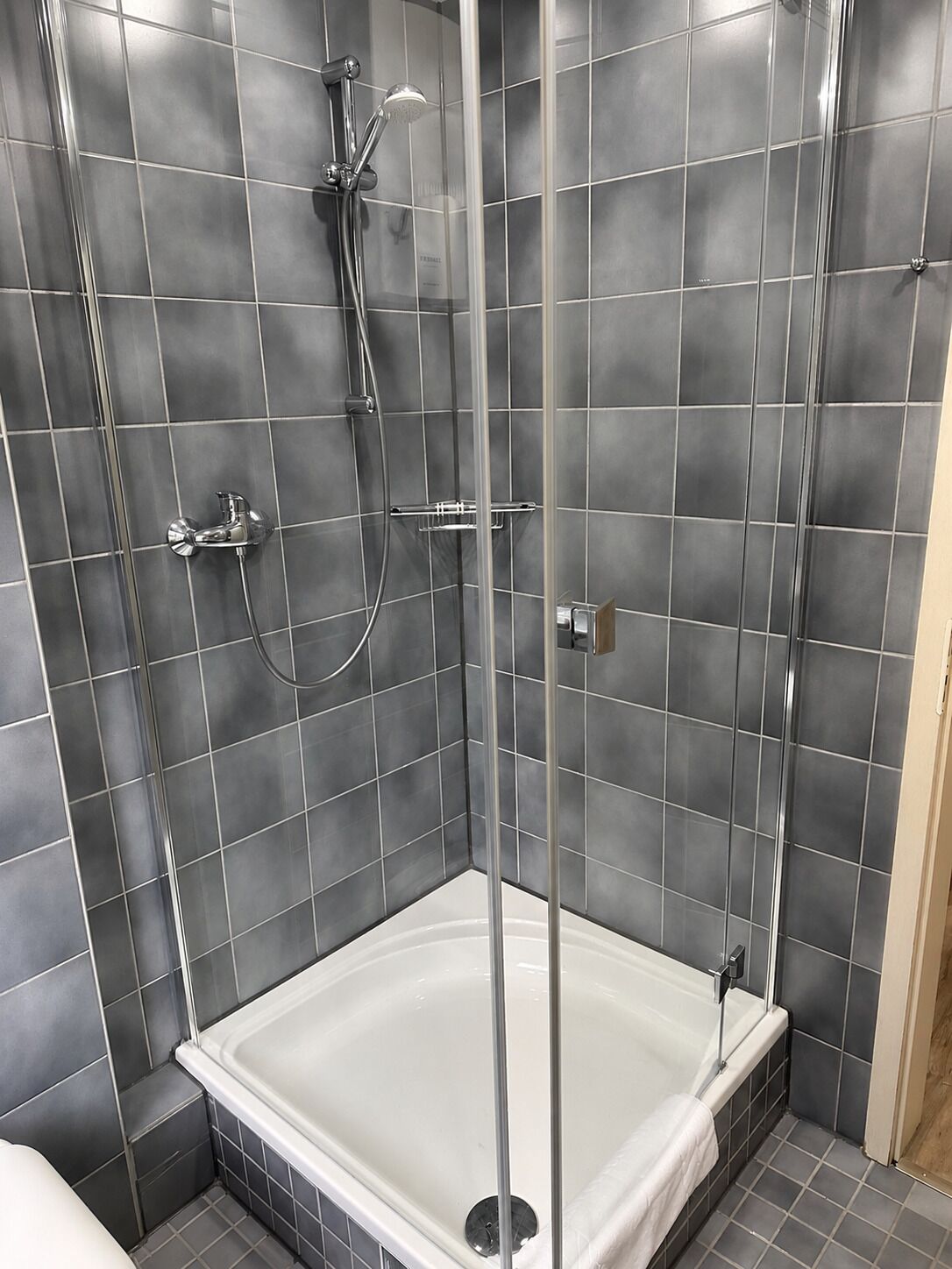 Eine moderne Duschkabine mit Glastür, Handbrause und am Wand montiertem Wasserhahn.