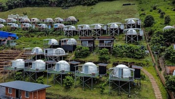 A cluster of dome-shaped accommodations on stilts, surrounded by terraced fields.