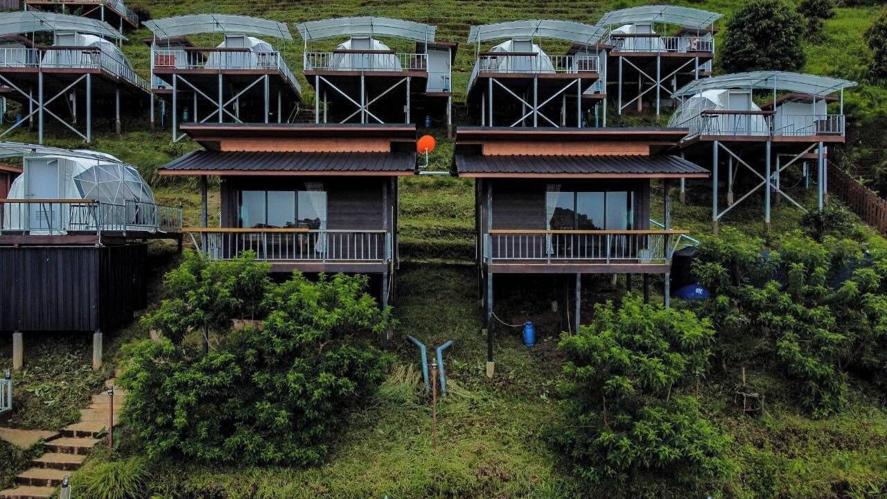 A cluster of modern, elevated cabins with glass roofs, surrounded by lush greenery.