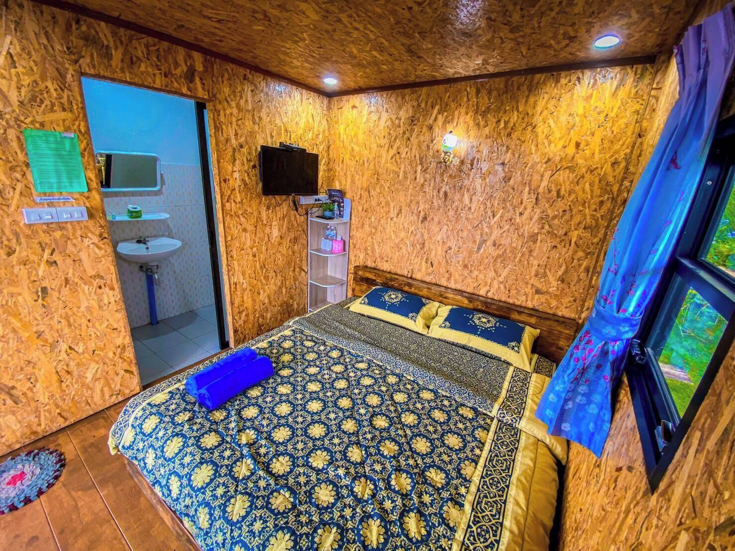 A room with a bed, a television, a sink, and a window with curtains.