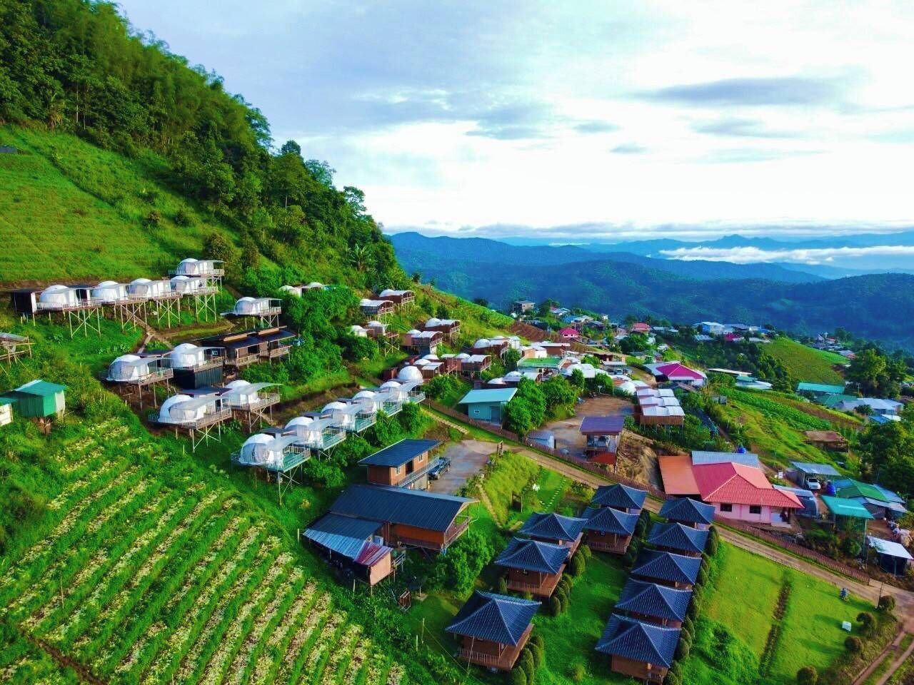 A rural village with houses and agricultural fields.