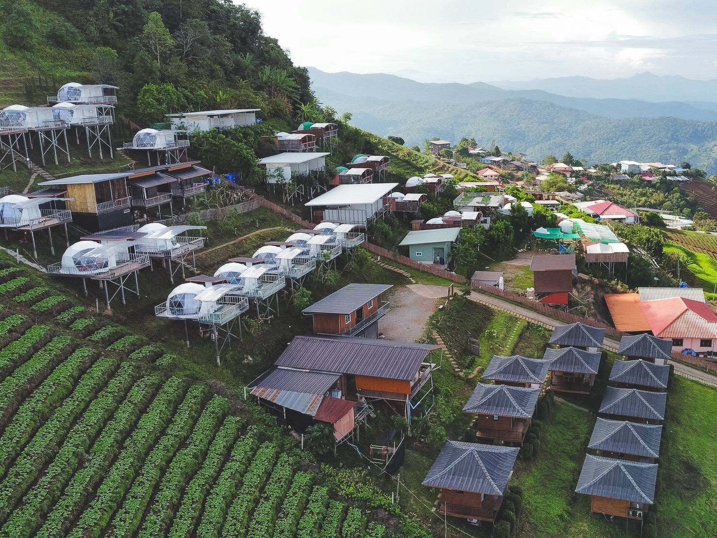 A rural village with elevated houses and a terraced field.