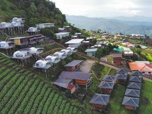 A rural village with elevated houses and a terraced field.