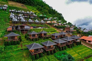 A hillside village with multiple wooden houses and elevated birdhouses.
