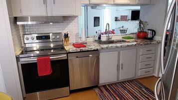 Coffee/tea maker, fridge, microwave, oven