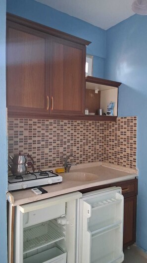 Frigorífico pequeño, placa de cocina y utensilios de cocina