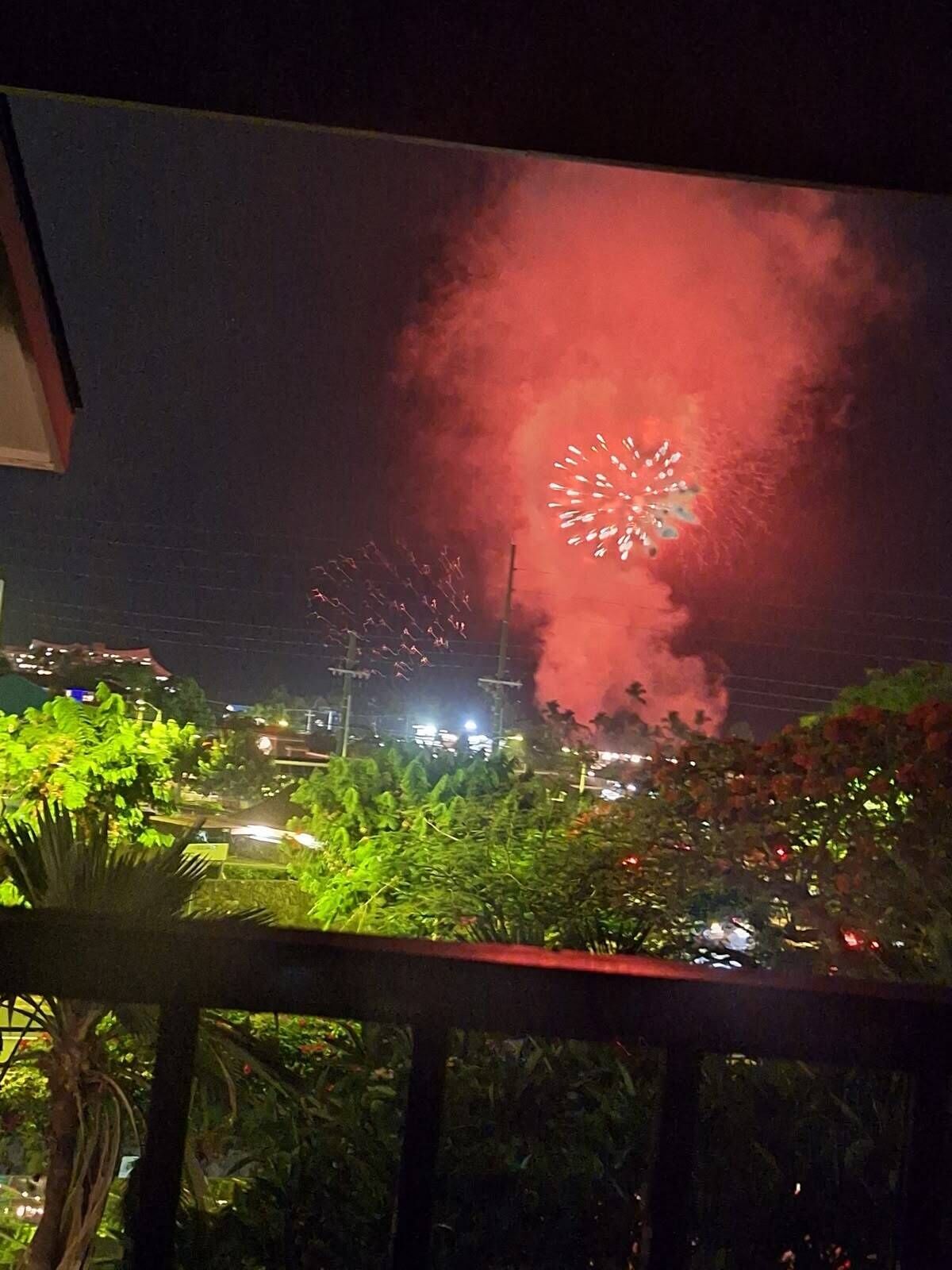 A night scene with fireworks in the sky, a balcony with plants, and a cityscape in the background.