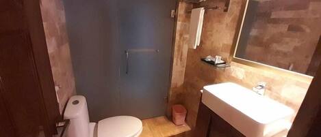 A bathroom with a toilet, sink, and mirror.