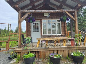 Eine Holzhütte mit Veranda, Tisch und Blumentöpfen.