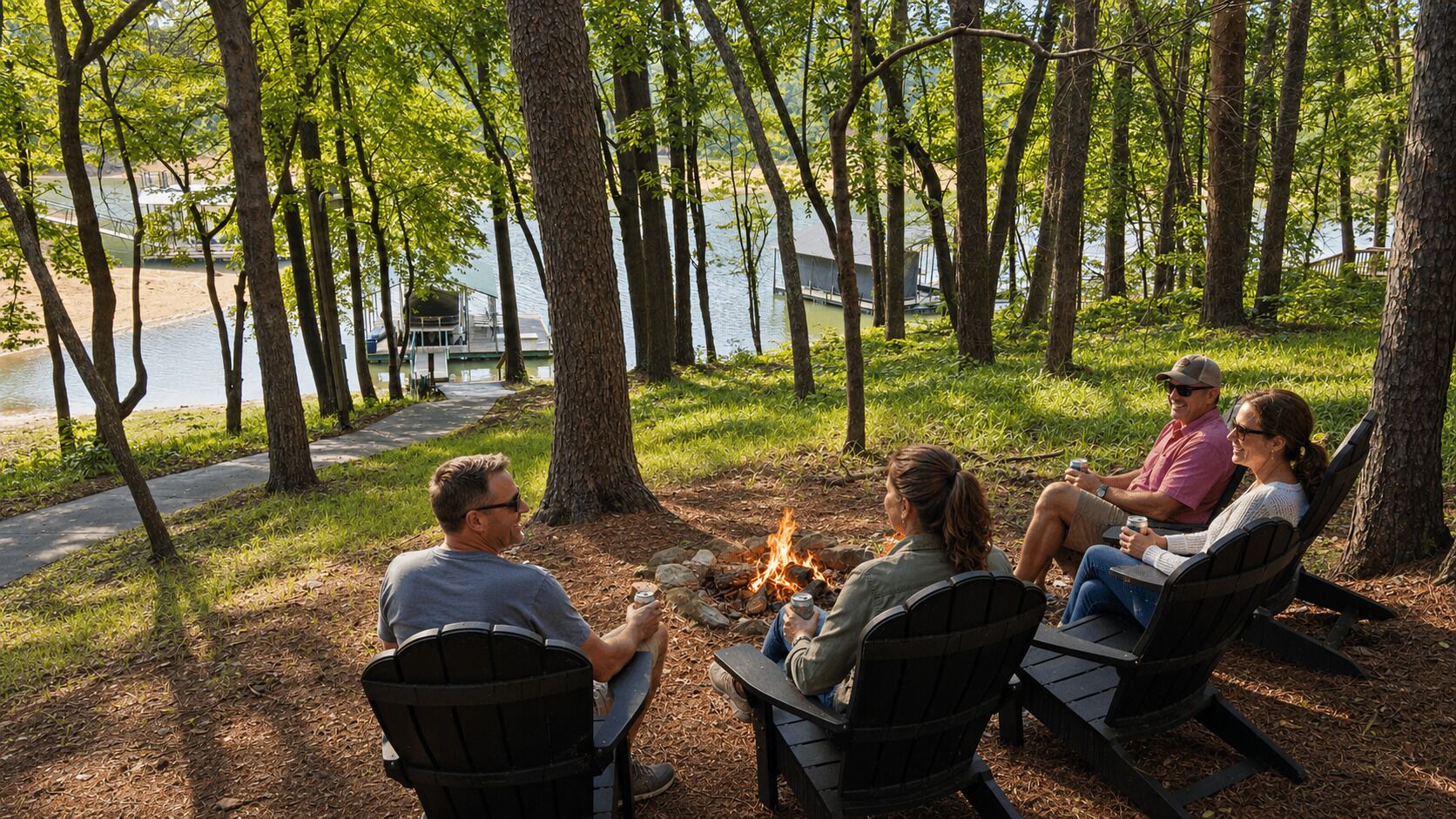 A group of people sitting around a campfire in a wooded area with a lake in the background.