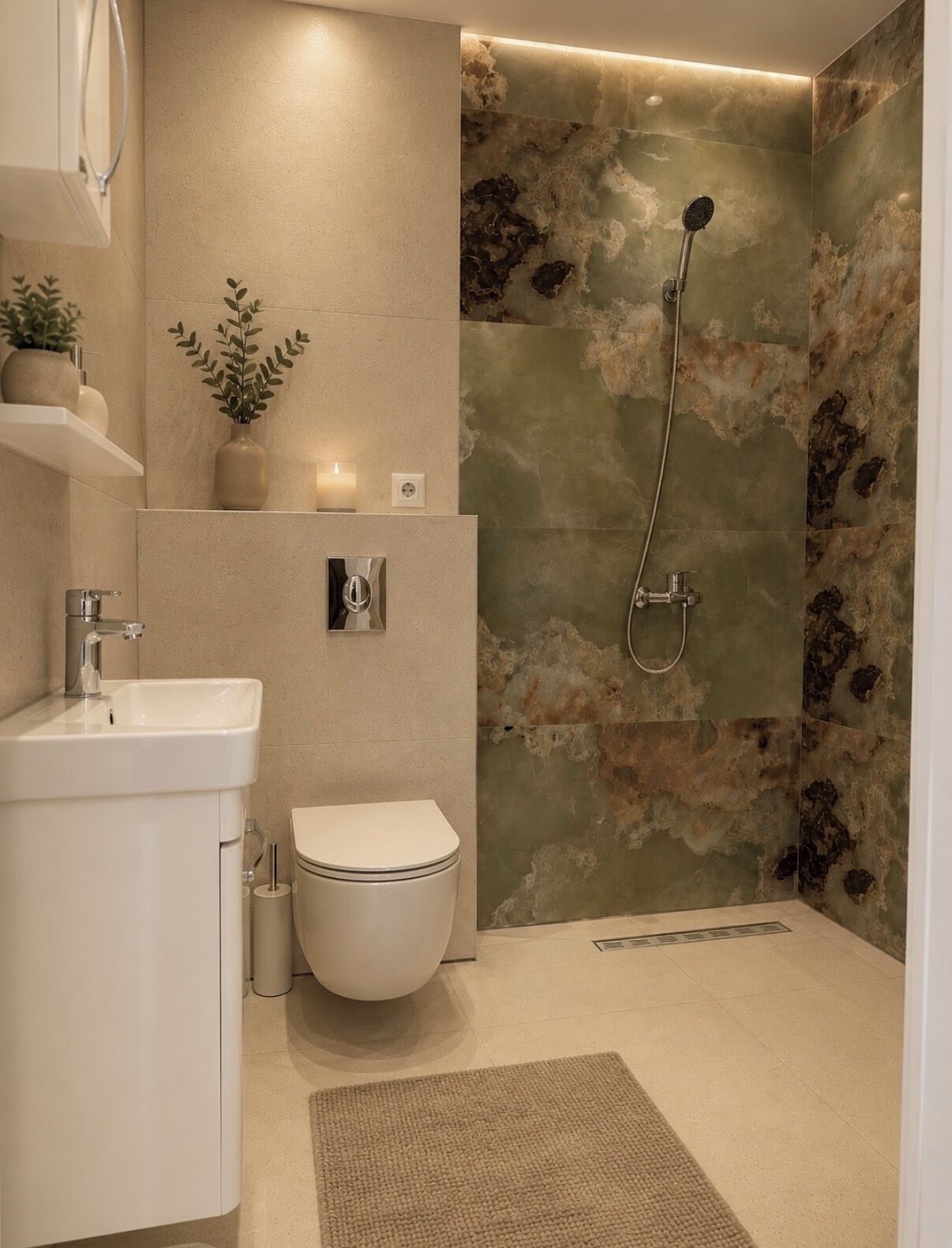 A modern bathroom with a shower, toilet, sink, and decorative plants.