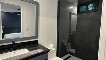 A modern bathroom with a toilet, sink, and shower area.