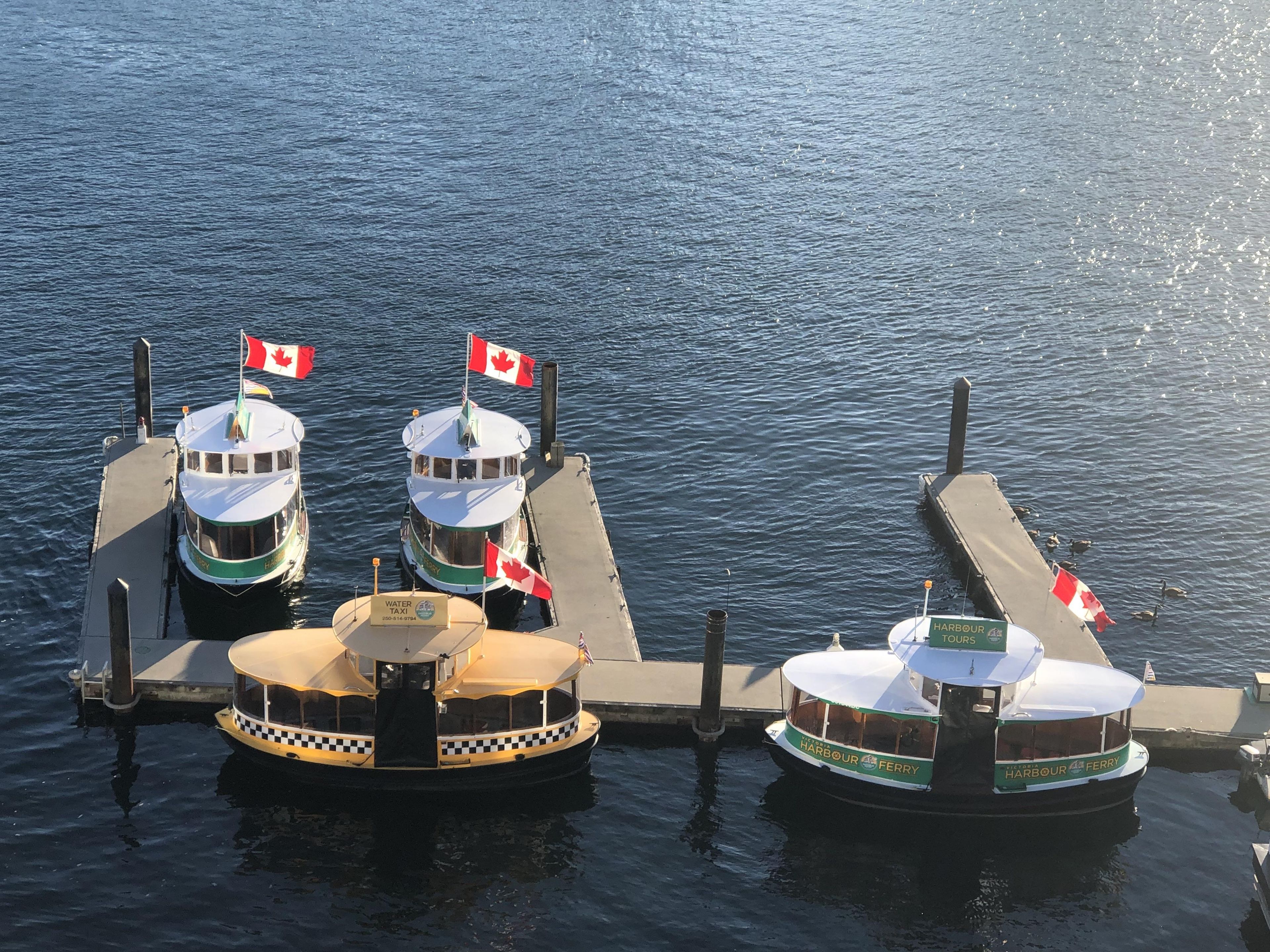 Three boats docked at a pier with Canadian flags.