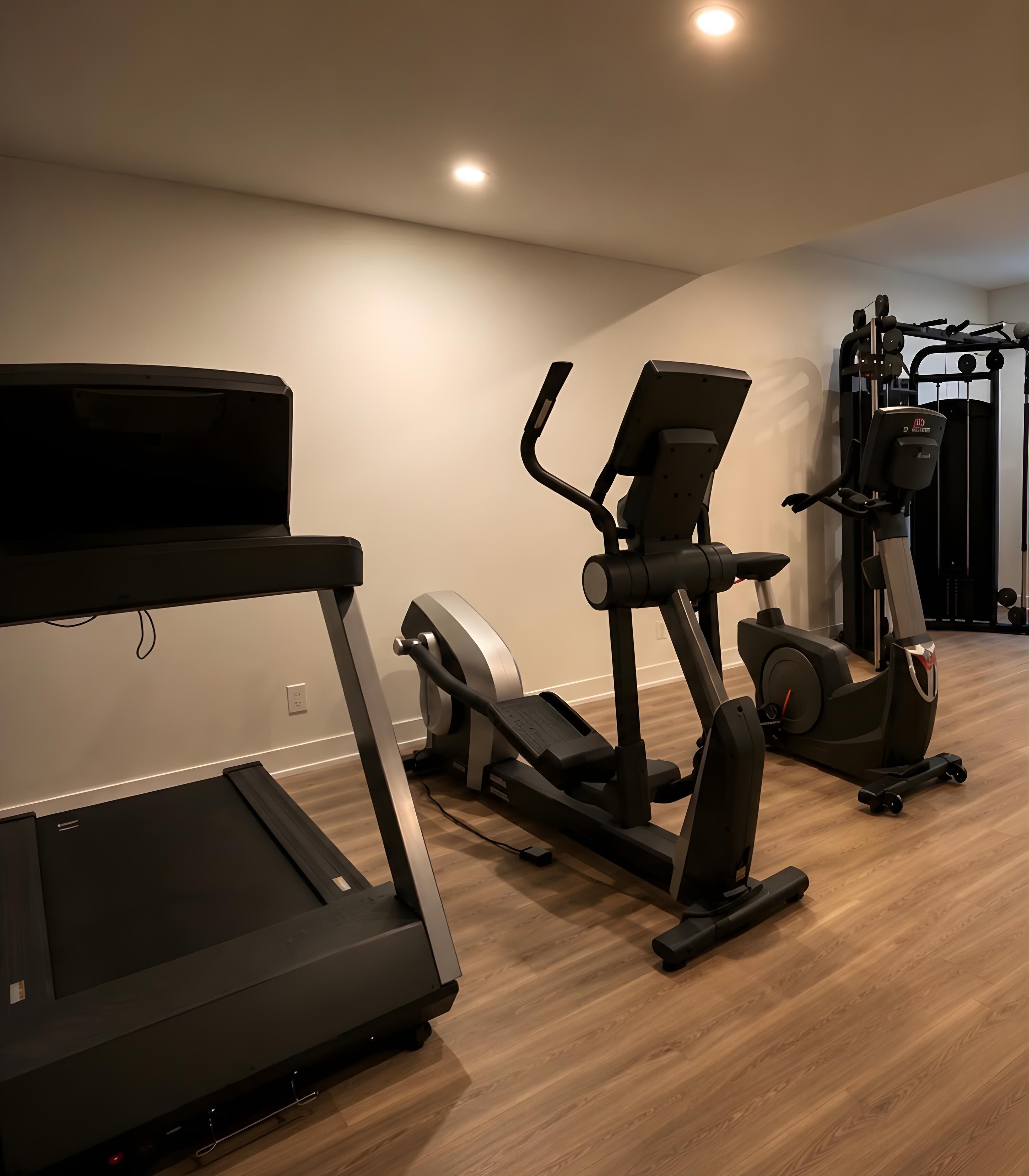 Ein Heimfitnessraum mit Laufband, Crosstrainer und Kraftgerät.