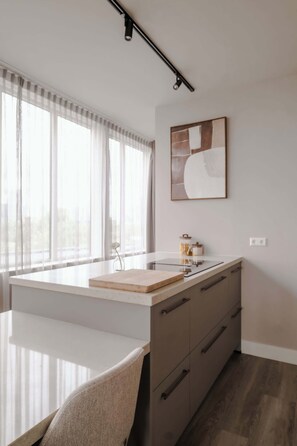 A modern kitchen with a white countertop, a built-in oven, and a large window with sheer curtains. - 2BR Rooftop Terrace in Rotterdam City Centre (Rotterdam)