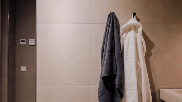 A bathroom with a towel rack holding two towels, one dark and one white, and a wall-mounted thermostat. - 2BR Rooftop Terrace in Rotterdam City Centre (Rotterdam)