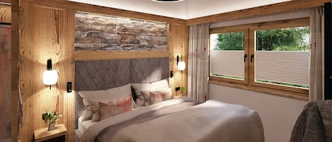Une chambre à coucher avec un lit, des murs en bois, un mur d’accent en pierre, une fenêtre avec des stores et un luminaire au plafond.
