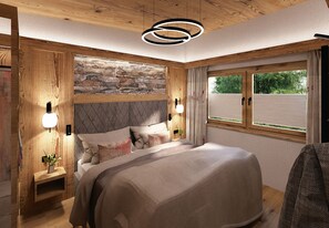 A bedroom with a bed, wooden walls, a stone accent wall, a window with blinds, and a ceiling light fixture. - 1421 Versettla House: Premium Mountain Living (Gaschurn)