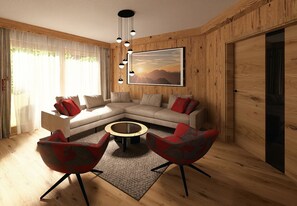 Una sala de estar moderna con un sofá modular, dos sillones, una mesa de centro y un cuadro grande en la pared.